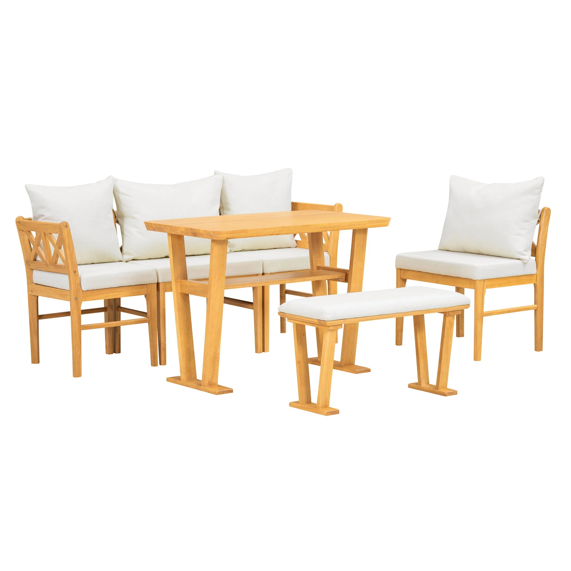 Farmhouse Solid Wood Dining Nook Set For 6, Space Saving High Top Corner Table With Bench & Chairs - Natural / White