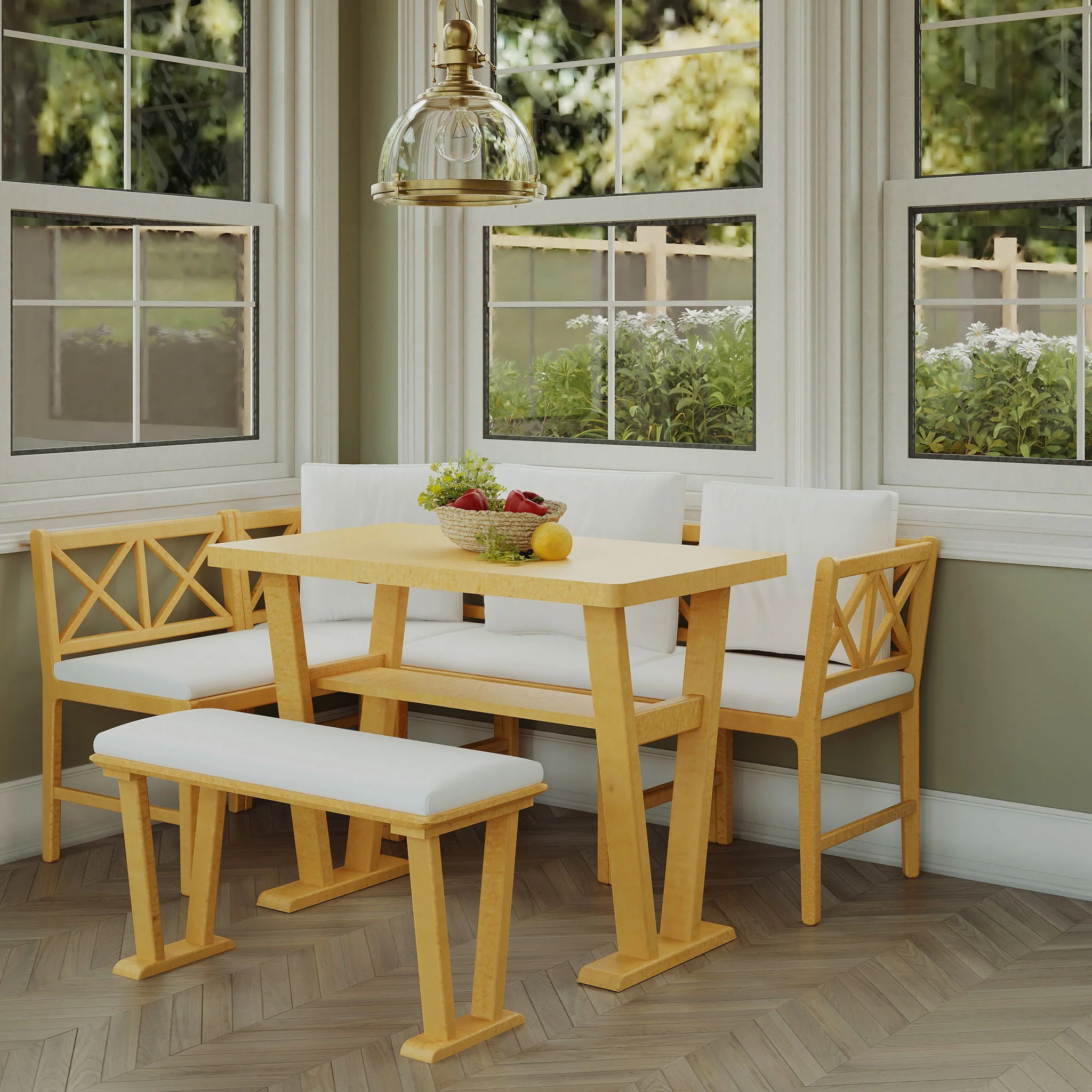 Farmhouse Solid Wood Dining Nook Set For 6, Space Saving High Top Corner Table With Bench & Chairs - Natural / White - Image 2