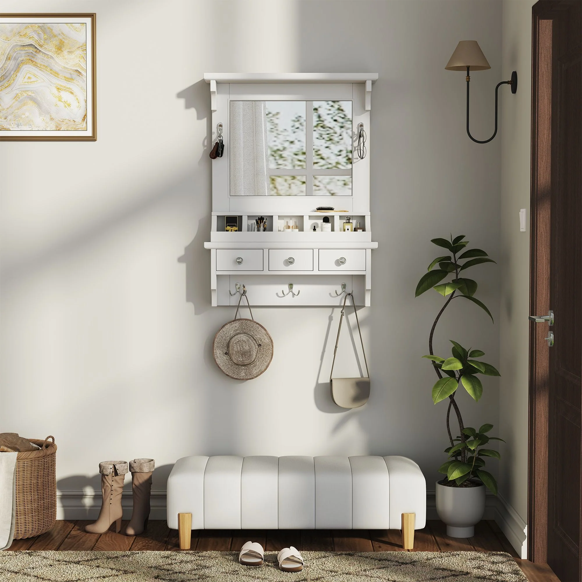 Floating Makeup Vanity With Big Mirror, Wall Mounted Storage Vanity With Drawers, Pockets & Hooks, Space Saving Decorative Home Organizer - White - Image 4