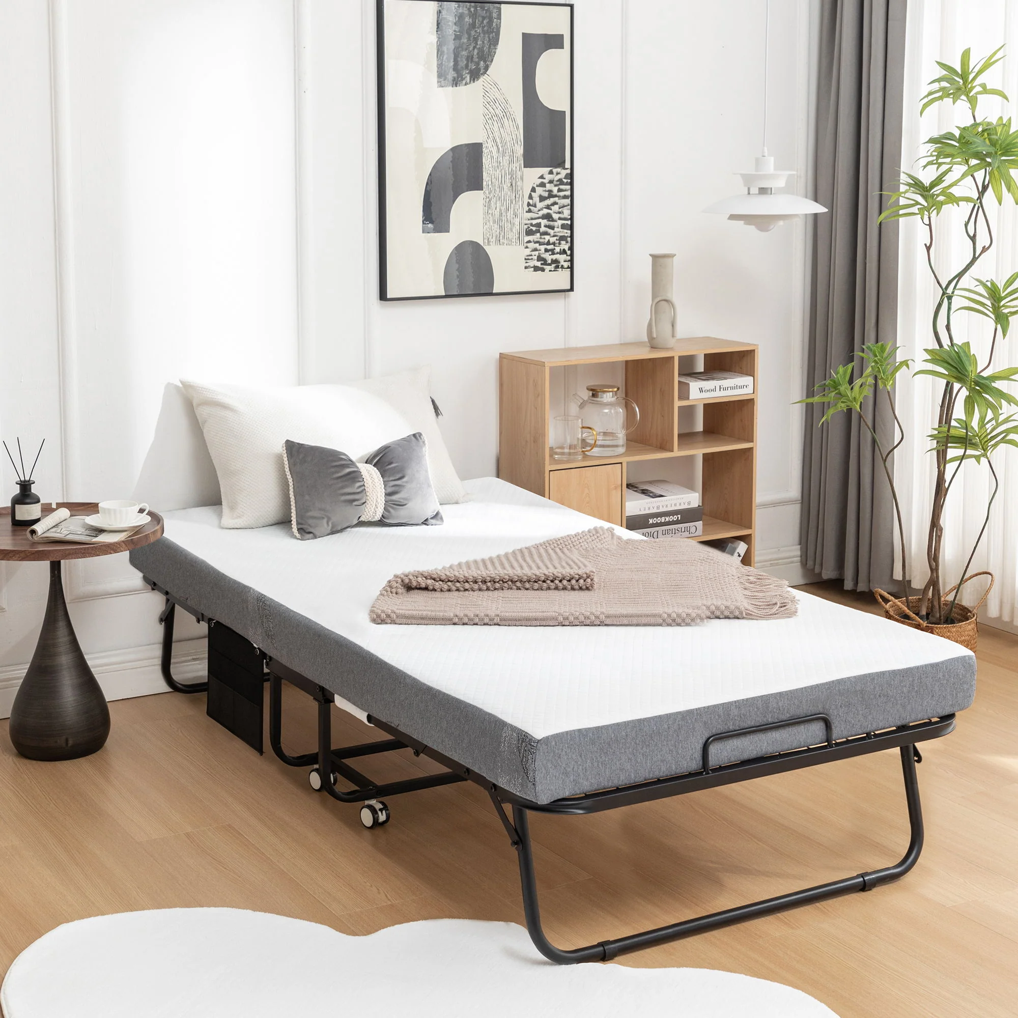 Foldable Metal Frame Bed For Guest With Memory Foam Mattress On Wheels, Saving Space Rollaway Bed - Image 2