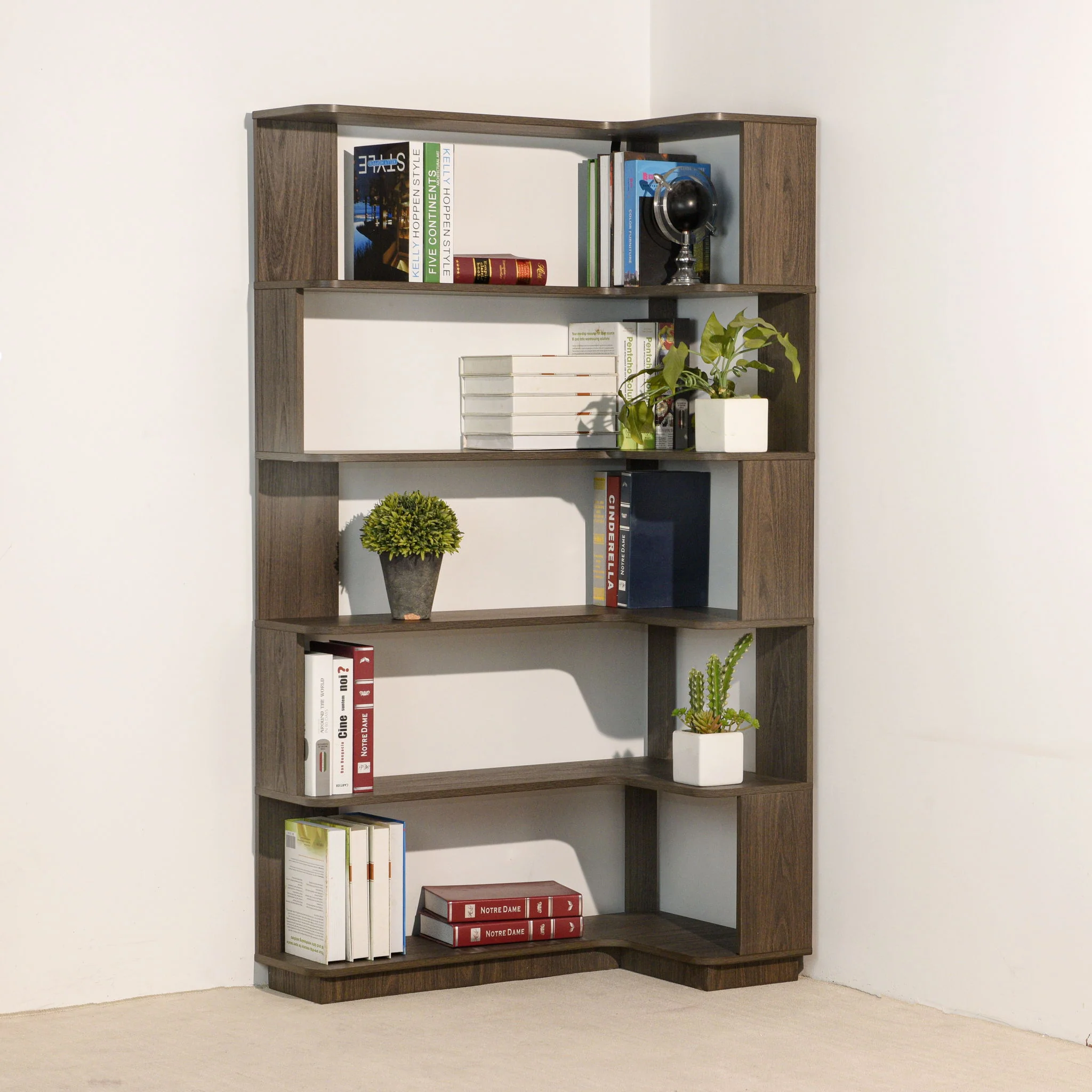 Freestanding Corner Bookshelf For Living Room - Dark Brown - Image 3