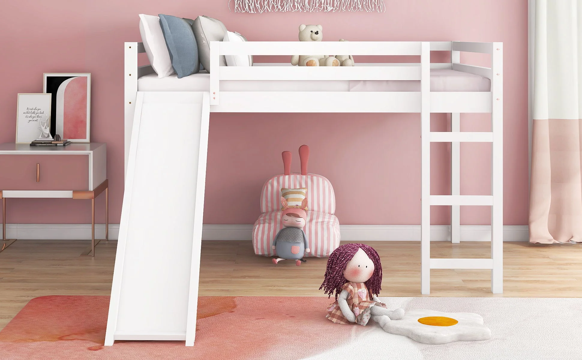 Full Loft Bed With Slide, Multifunctional Design - White - Image 4