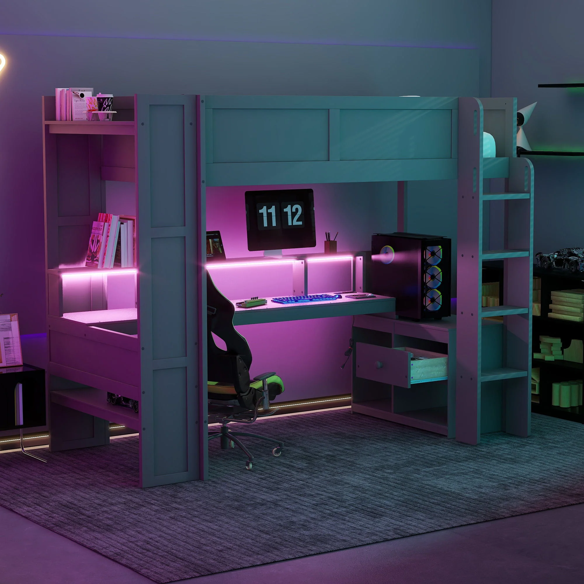 Gaming Loft Bed With Desk, Multi Storage Shelves, LED And Charging Station - Image 4