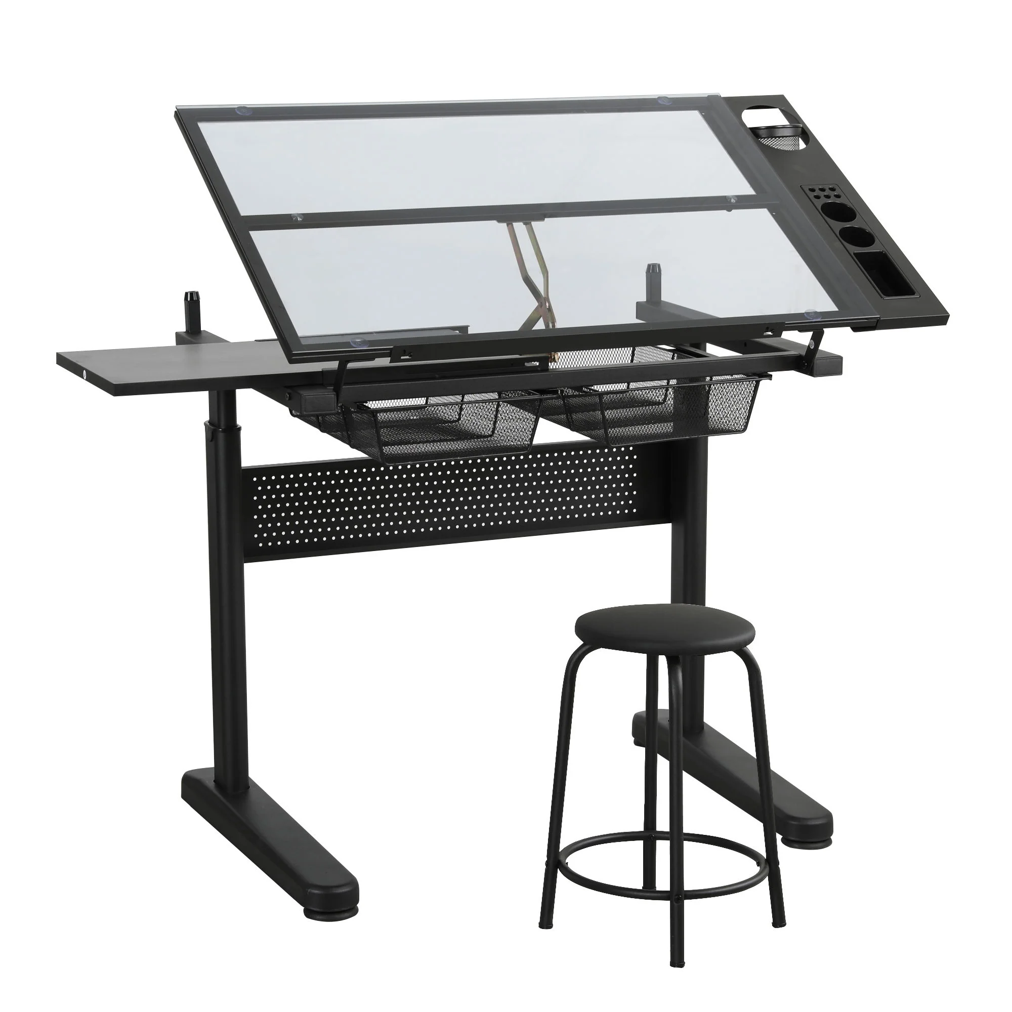 Hand Crank Adjustable Drafting Table Drawing Desk With 2 Metal Drawers With Stool - Image 4