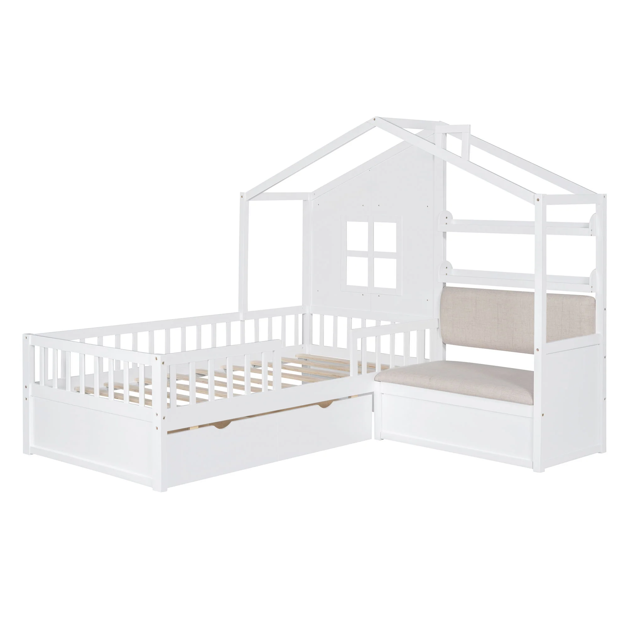 House Bed With Sofa, Kids Platform Bed With 2 Drawers And Storage Shelf - Image 2