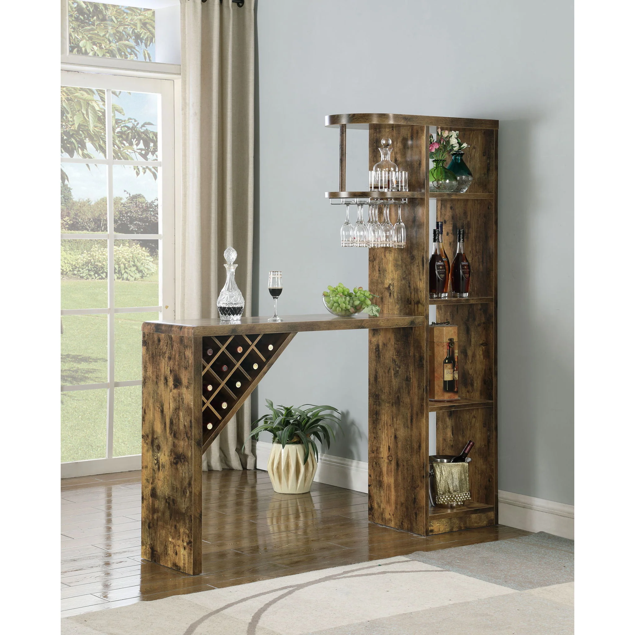 Kady - 5 Shelf Home Bar Table With Wine & Stemware Storage - Brown - Image 2