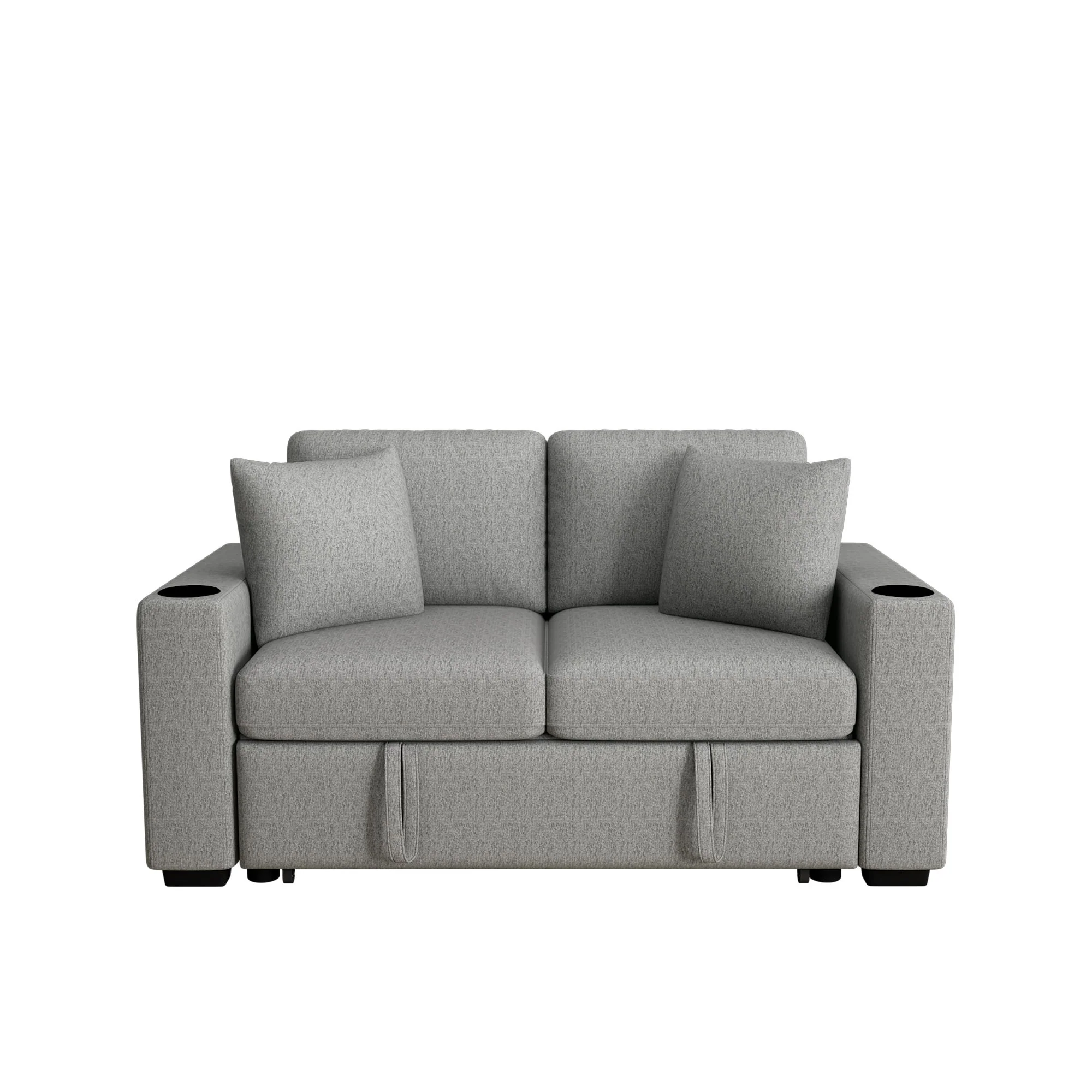Modern 2 Seater Loveseat Sofa With Pull-Out Bed, Fabric, Built-In USB Ports & Cup Holders - Image 2