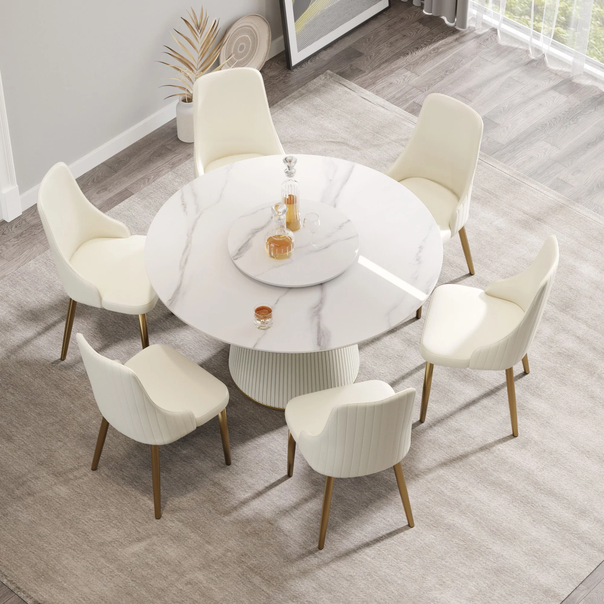 Modern Artificial Stone Round Plywood Base Dining Table, Can Accommodate 6 People, Artificial Stone Turntable (Not Including Chairs) - White / Beige - Image 2