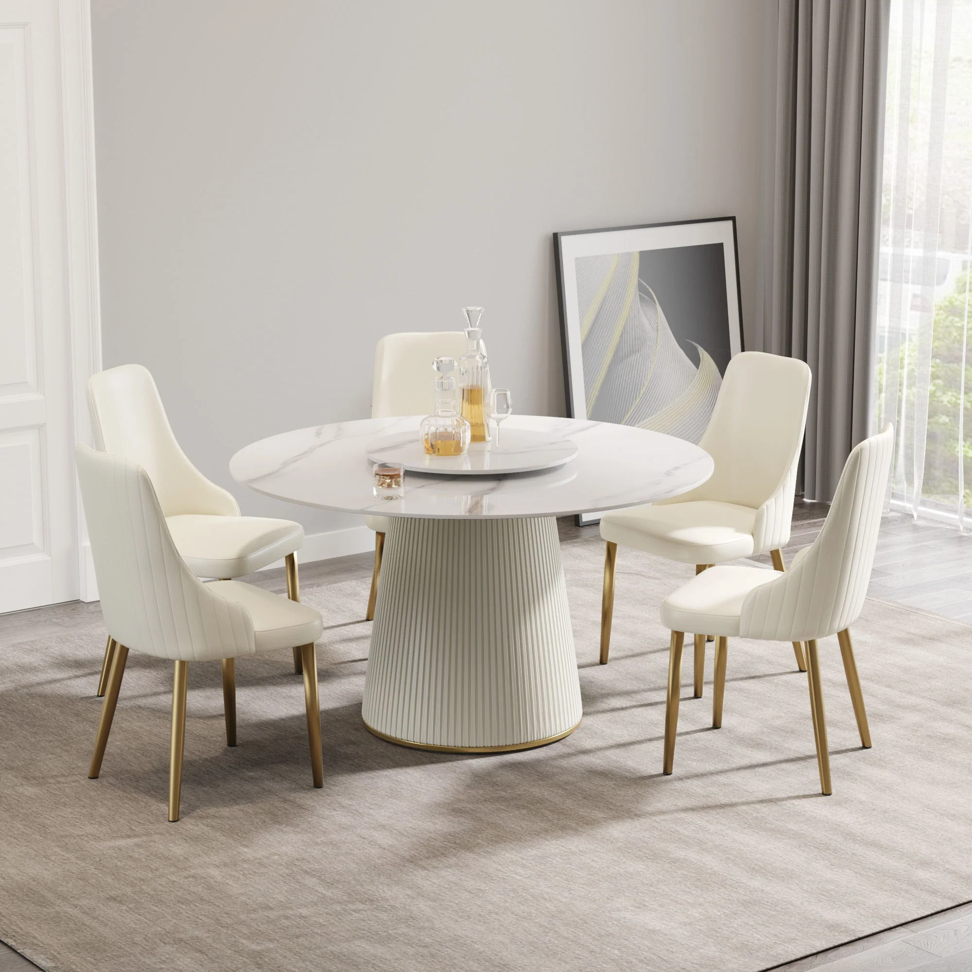 Modern Artificial Stone Round Plywood Base Dining Table, Can Accommodate 6 People, Artificial Stone Turntable (Not Including Chairs) - White / Beige - Image 4
