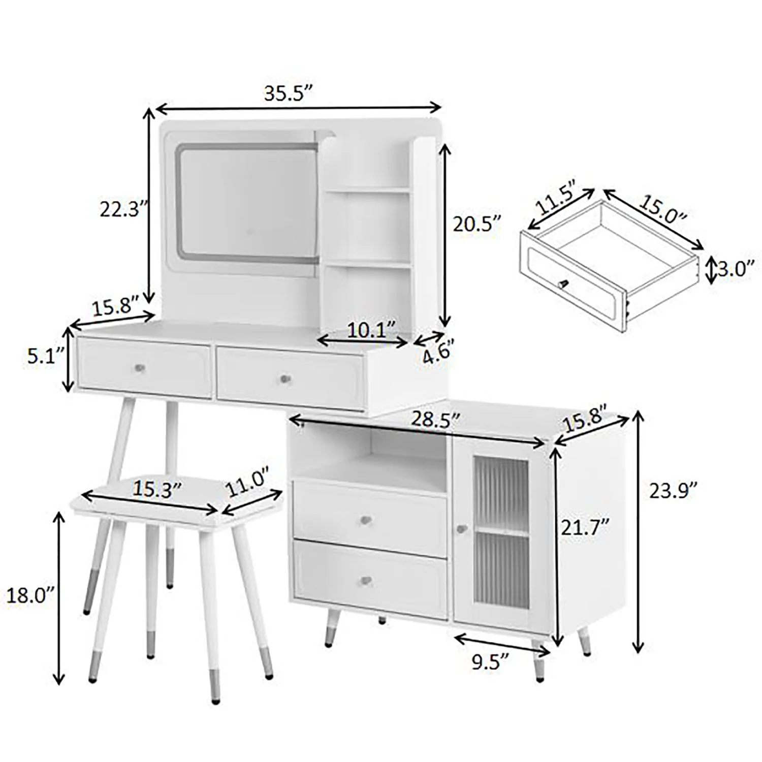 Modern Makeup Vanity Desk With Mirror And Lights Retractable Design Engineered Wood - Black - Image 2
