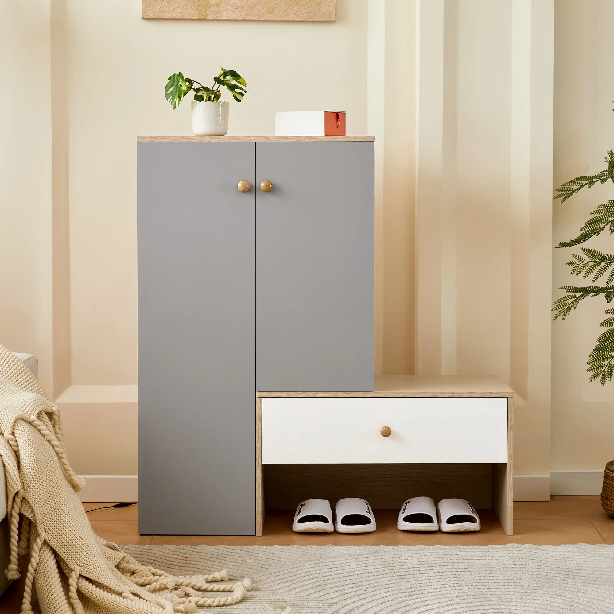 Modern Multi Functional Shoe Storage Bench & Cabinets With Adjustable Shelves - Gray / Natural Wood / White - Image 2