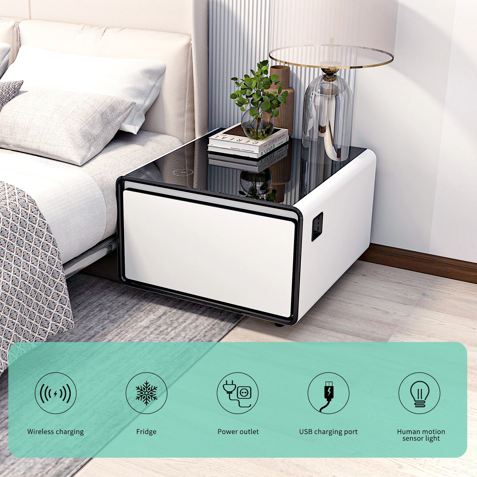 Modern Smart Side Table With Built-In Fridge, Wireless Charging, Temperature Control, Power Socket, USB Ports, Outlet Protection, Induction Light - Image 6