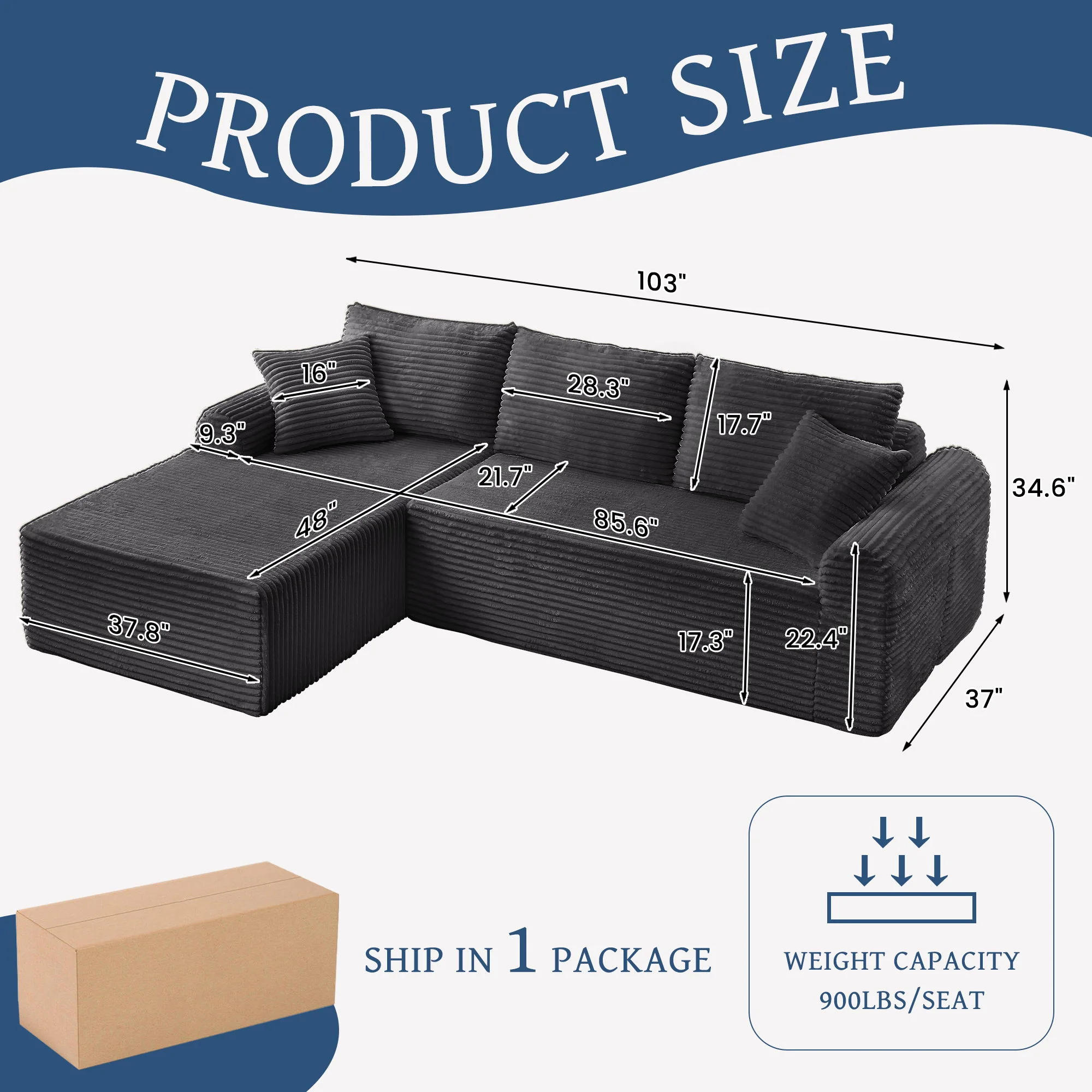 Modular Sectional With Arched Armrests, Includes 3 Back Cushions & 2 Throw Pillows - Image 7