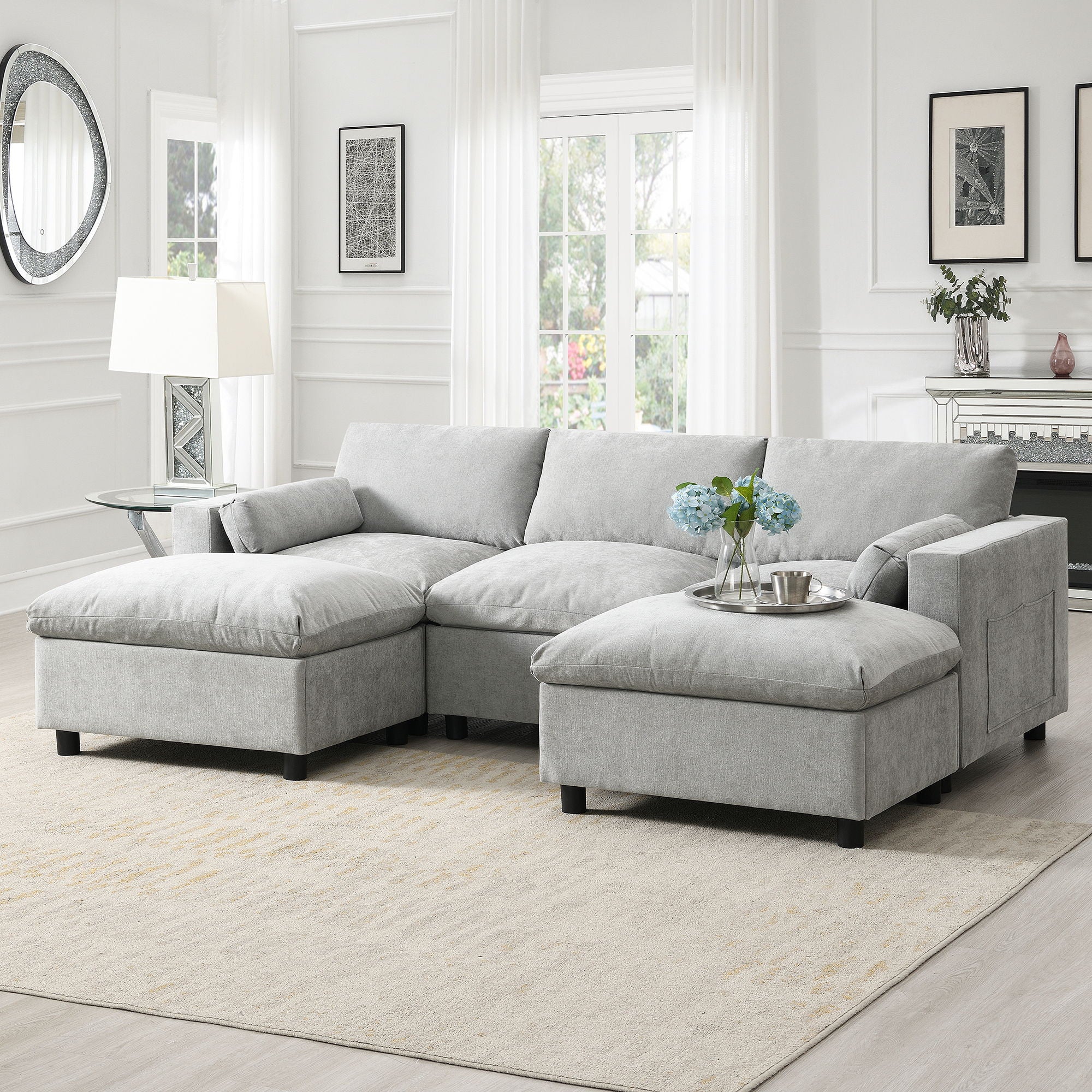 Modular Sectional With Storage Pockets, 5 Seat U Shaped Couch Set With Pillows, Free Combination Modern Cloud Sofa With 2 Movable Ottoman - Image 2