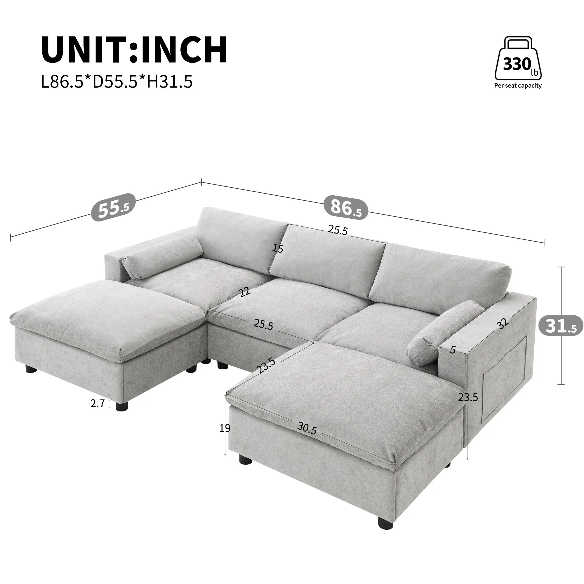Modular Sectional With Storage Pockets, 5 Seat U Shaped Couch Set With Pillows, Free Combination Modern Cloud Sofa With 2 Movable Ottoman - Image 3