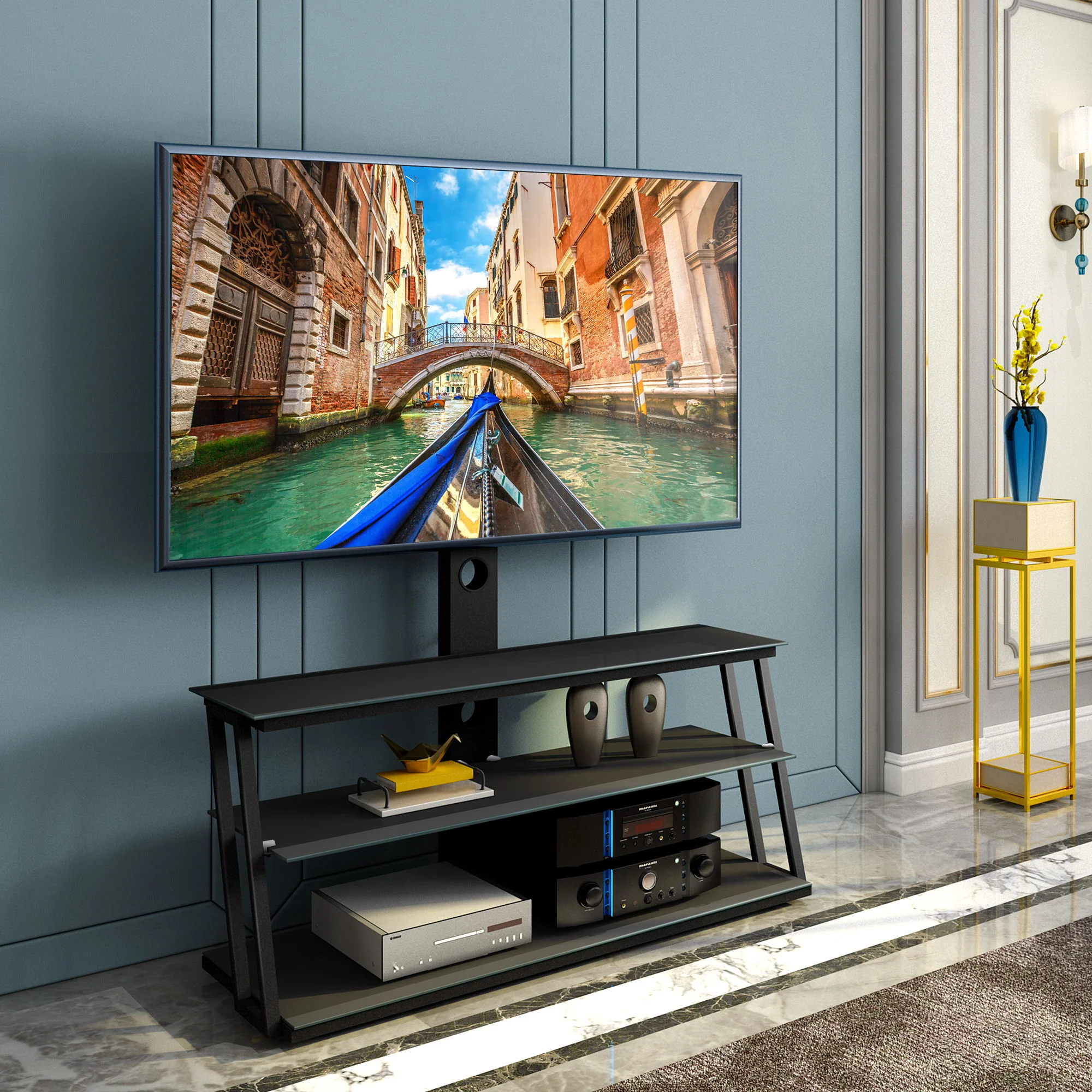 Multi-Function Angle And Height Adjustable Tempered Glass TV Stand - Black - Image 3