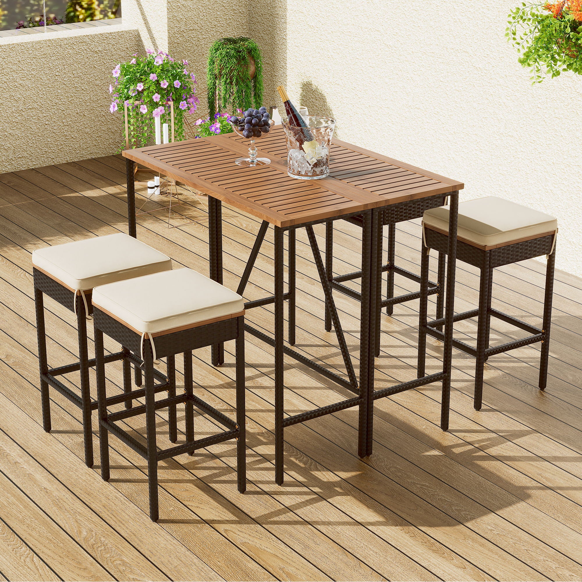 Outdoor Acacia Wood Bar Height Table And Eight Stools With Cushions - Image 2