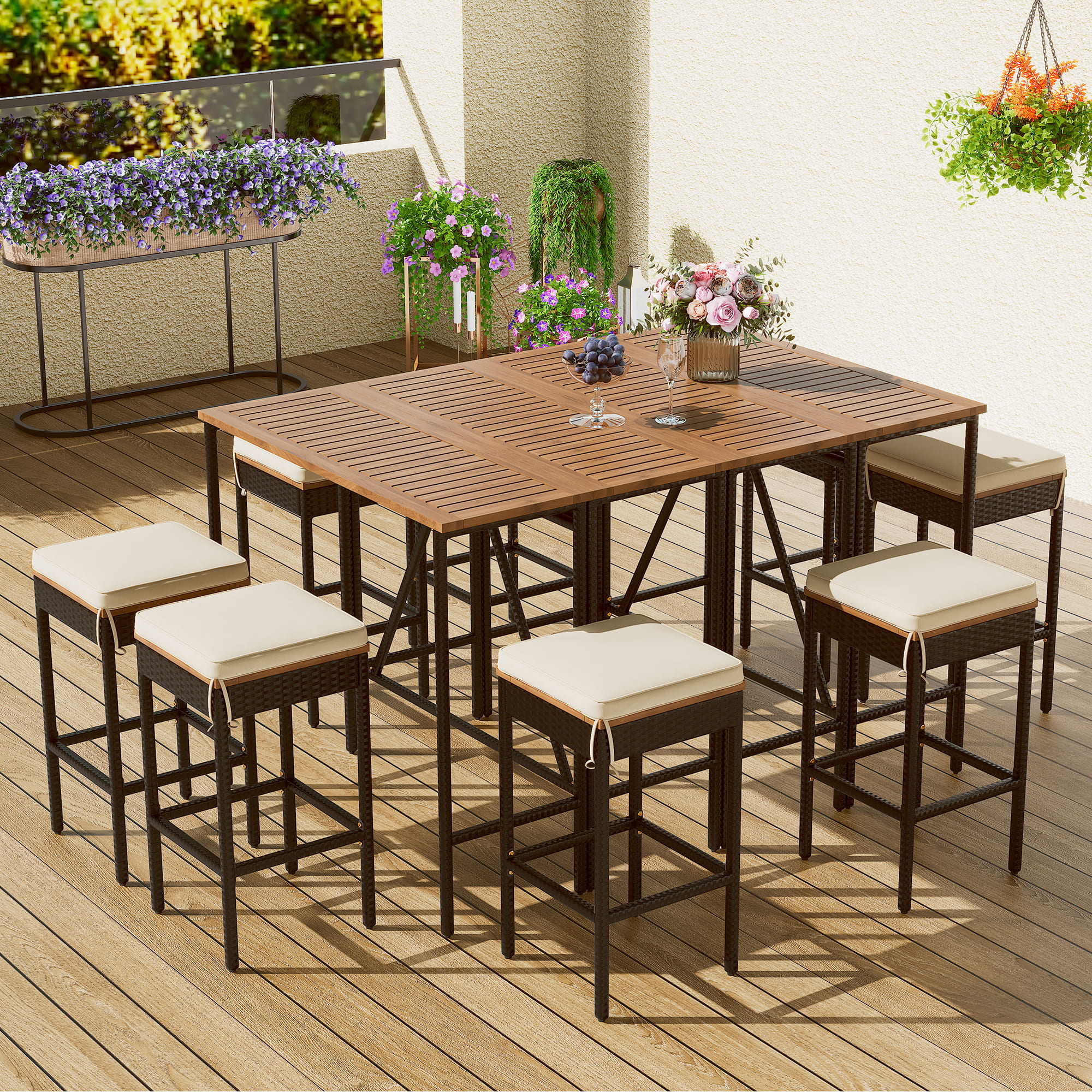 Outdoor Acacia Wood Bar Height Table And Eight Stools With Cushions - Image 3