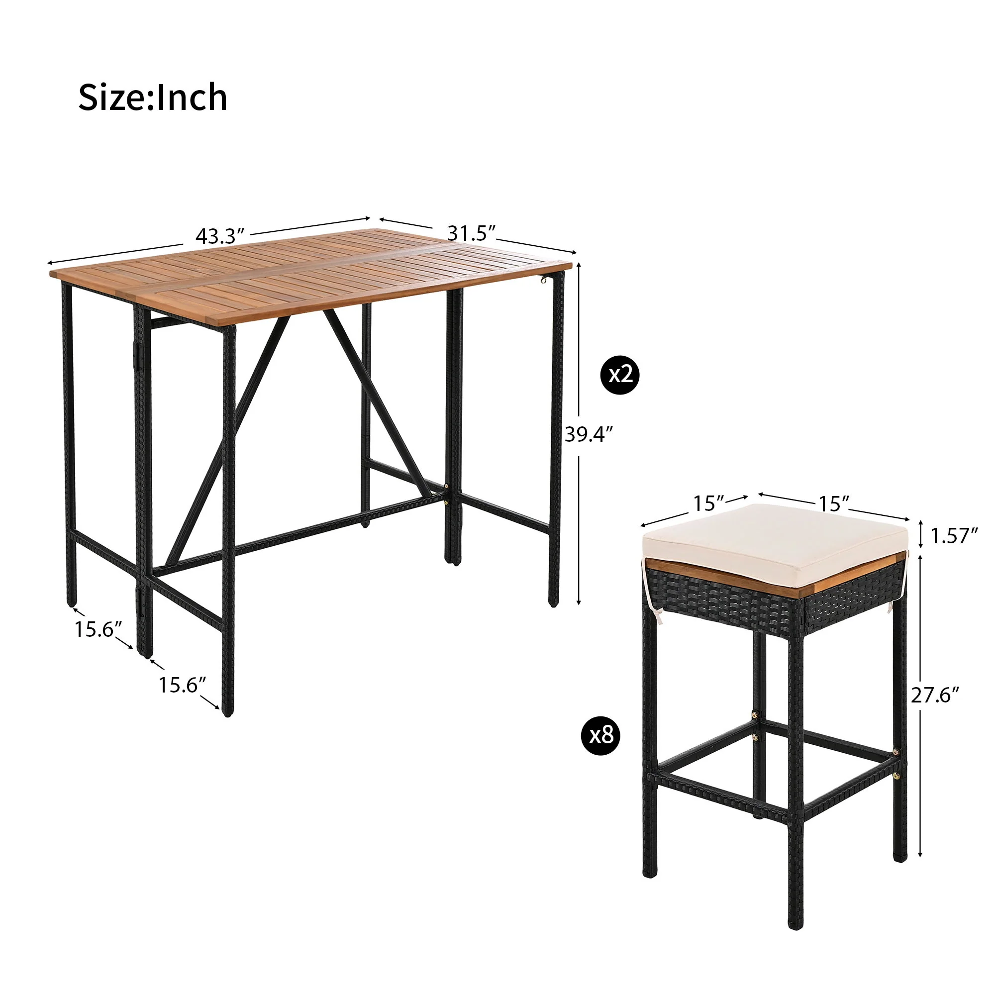 Outdoor Acacia Wood Bar Height Table And Eight Stools With Cushions - Image 4