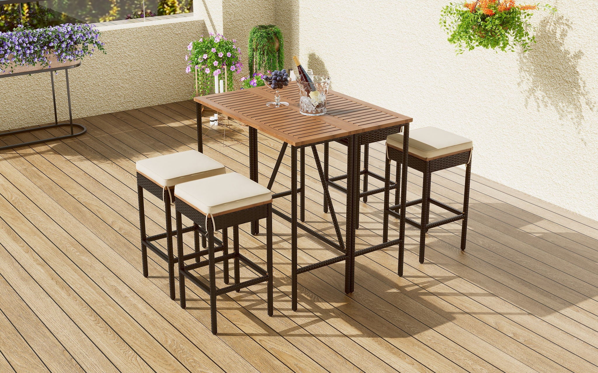 Outdoor Acacia Wood Bar Height Table And Eight Stools With Cushions - Image 5