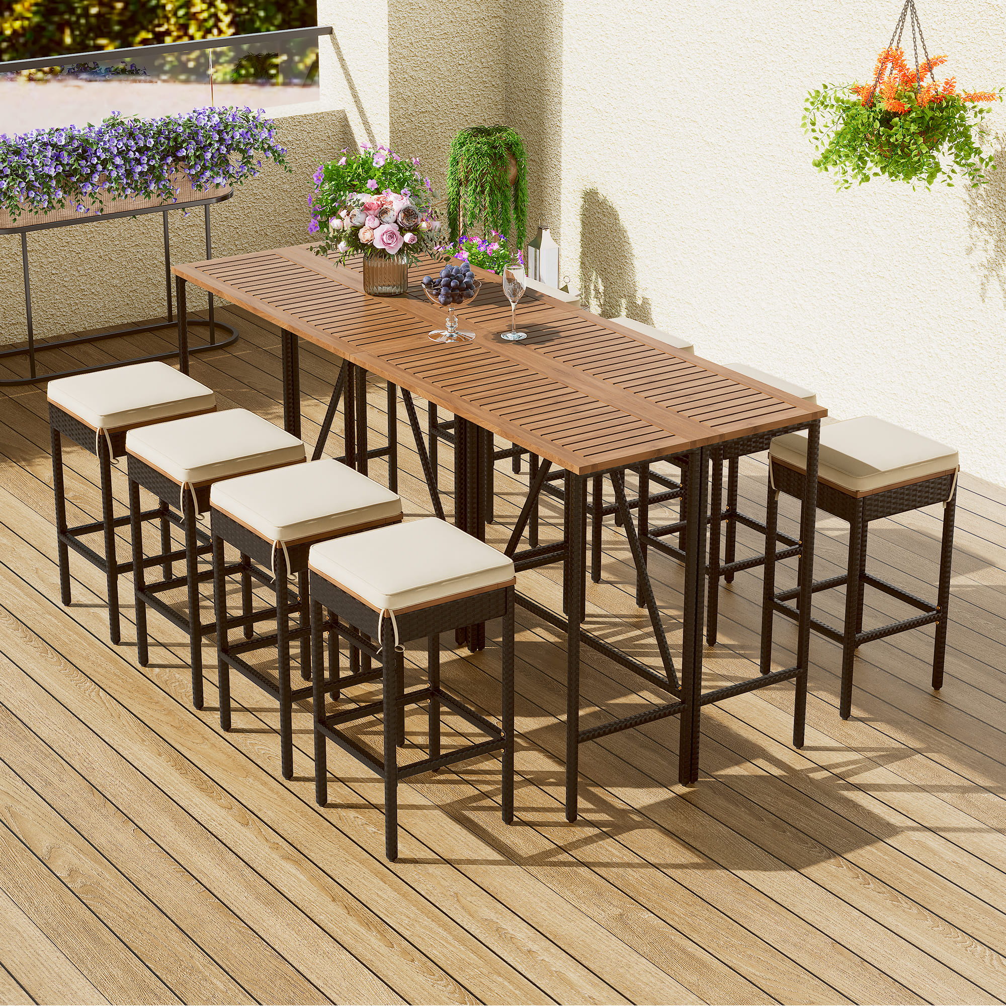Outdoor Acacia Wood Bar Height Table And Eight Stools With Cushions - Image 6