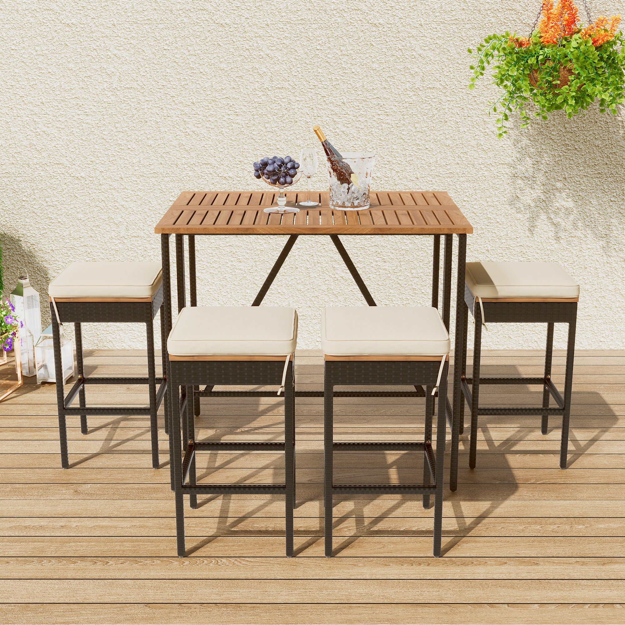 Outdoor Acacia Wood Bar Height Table And Eight Stools With Cushions - Image 7