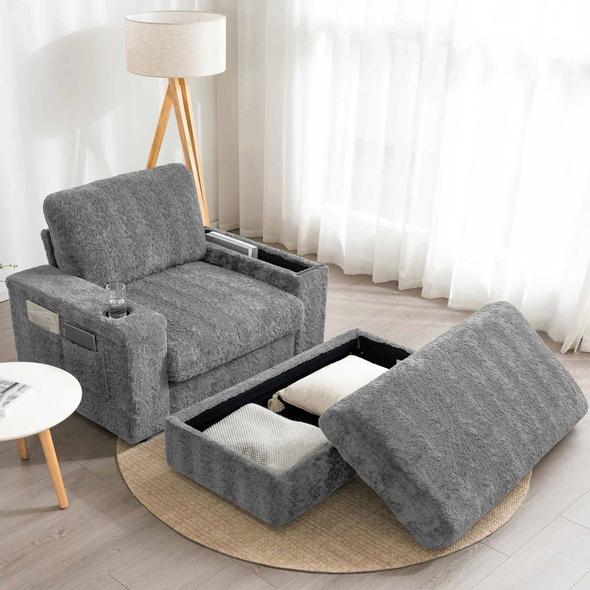 Oversized Chaise Lounge Indoor Rabbit Fur Sofa Bed With Storage Ottoman And Armrests Cup Holders With Deep Seat - Image 11