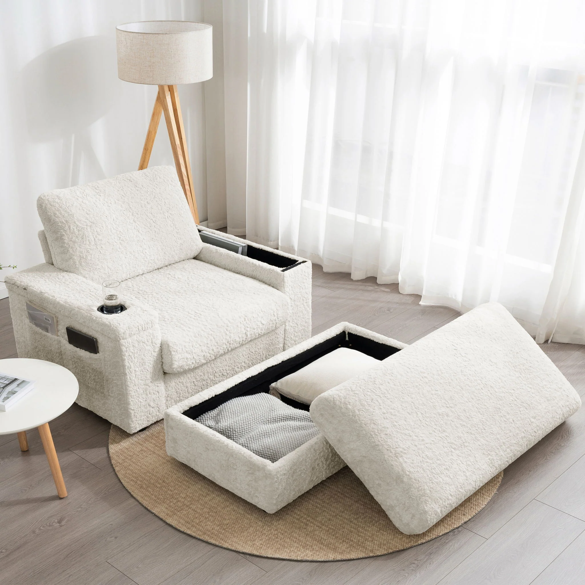 Oversized Chaise Lounge Indoor Rabbit Fur Sofa Bed With Storage Ottoman And Armrests Cup Holders With Deep Seat - Image 16