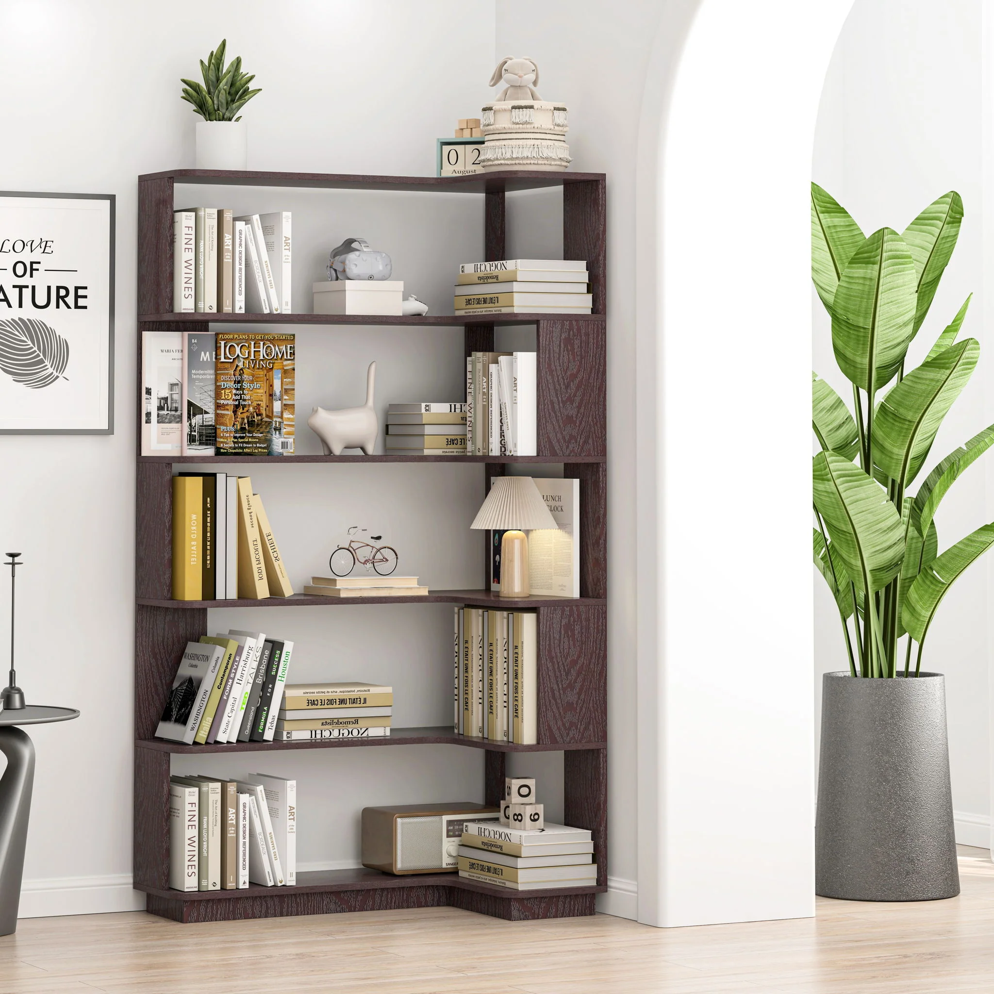 Ox Blood - Red 90Cm L-Shaped Freestanding Corner Bookshelf With Anti Tip Safety, Storage Cabinet For Living Room - Ox Blood Red - Image 3