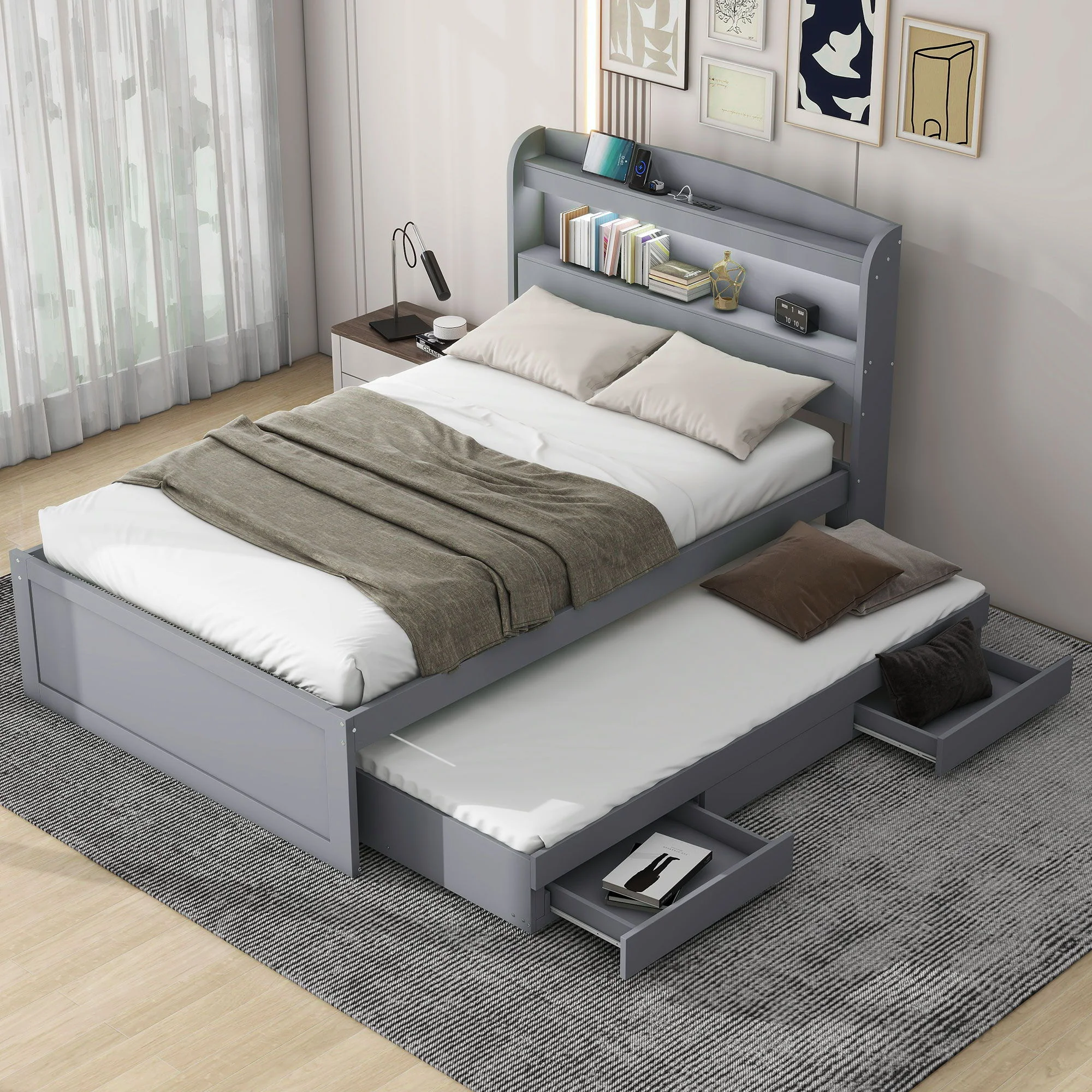 Platform Bed With LED Headboard, Charging Station, Trundle And 2 Drawers - Image 7