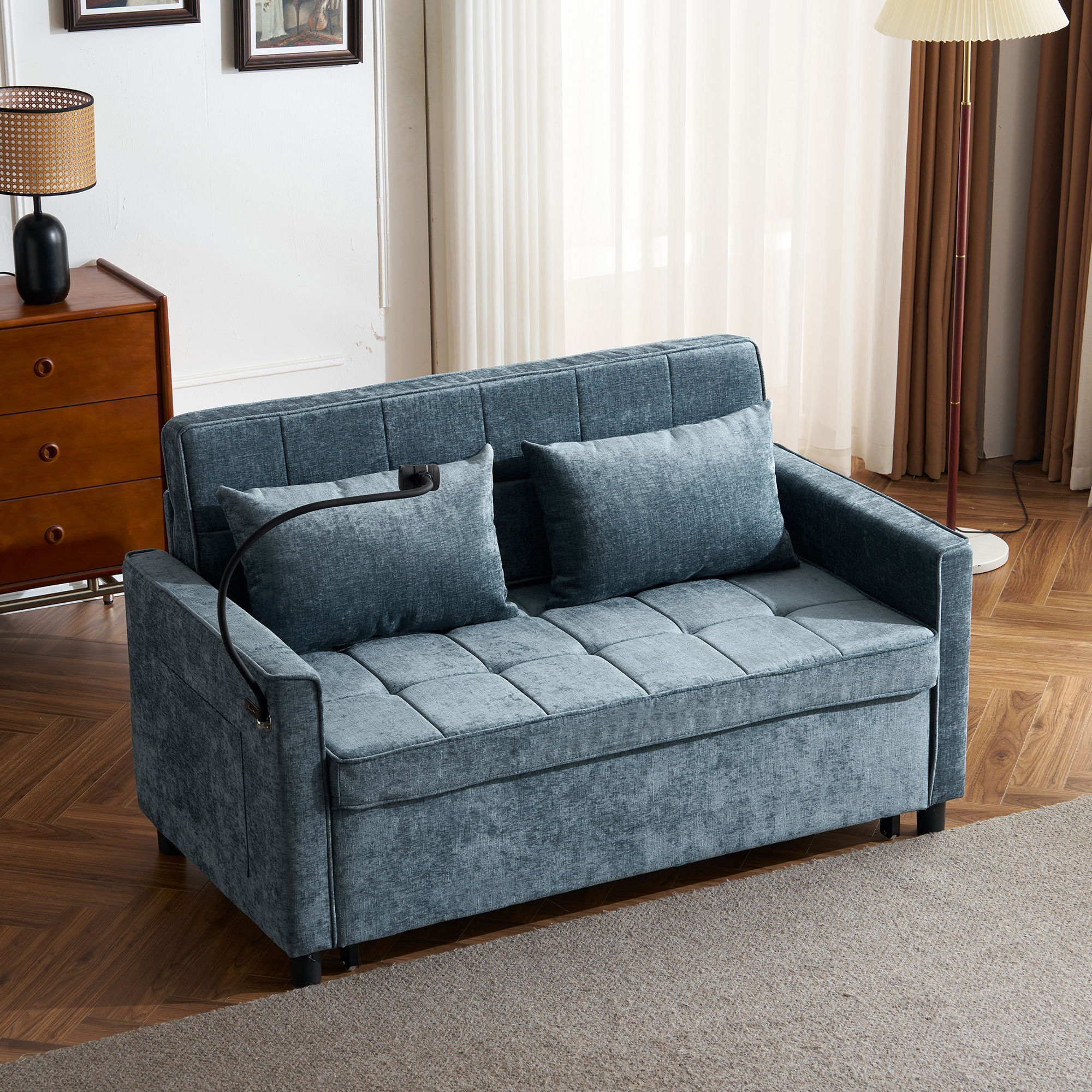 Pull-Out Sleeper Sofa With Reversible Backrest Cushion, Side Pockets, 2 USB Ports And A Phone Holder For Living Room - Image 8