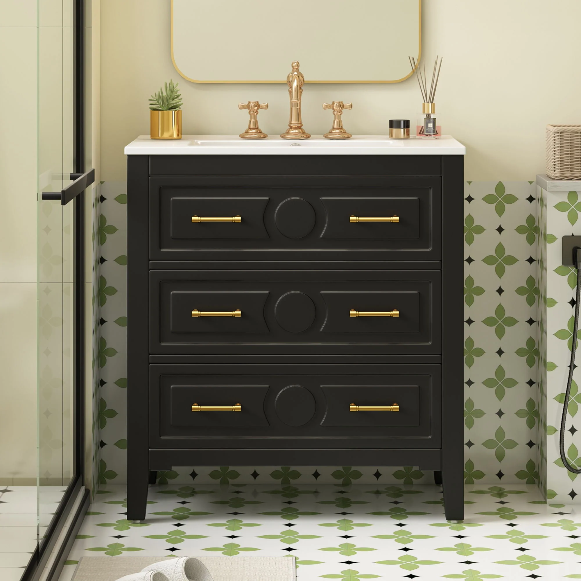 Retro Bathroom Vanity With Sink Combo, Free Standing Single Set With 3 Drawers - Image 8