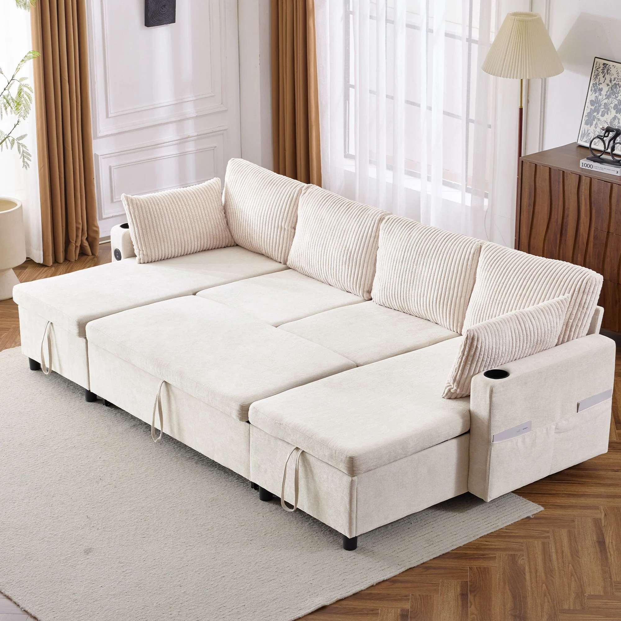 Sectional Sofa Bed With Pull Out Sleeper, USB Ports, Cup Holders - Image 6