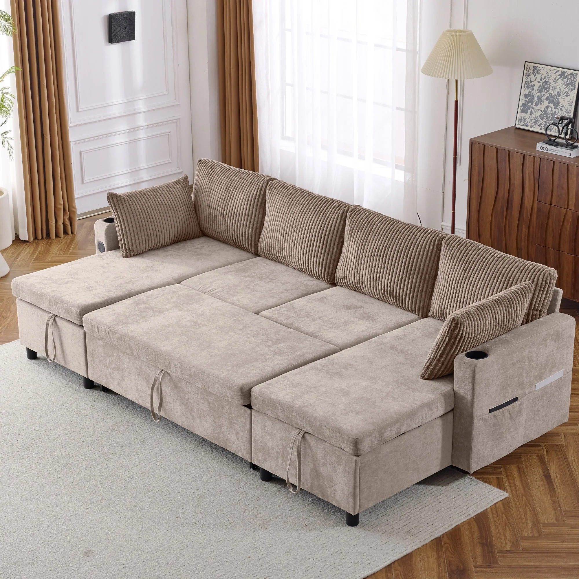 Sectional Sofa Bed With Pull Out Sleeper, USB Ports, Cup Holders - Image 8