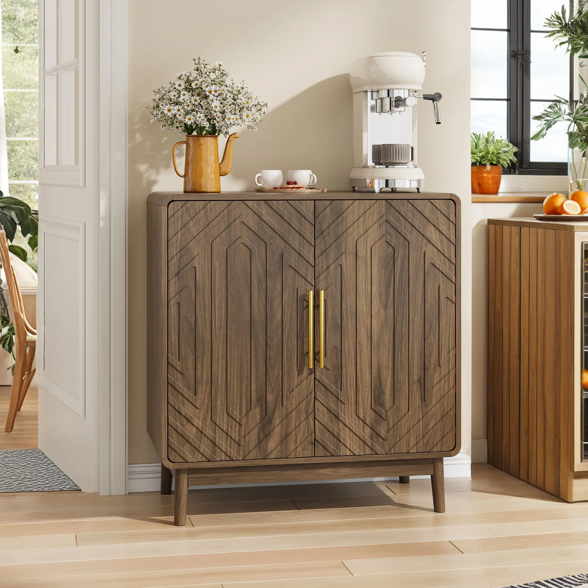 Sideboard Buffet Cabinet With Carved Doors And Adjustable Layer Board - Image 3