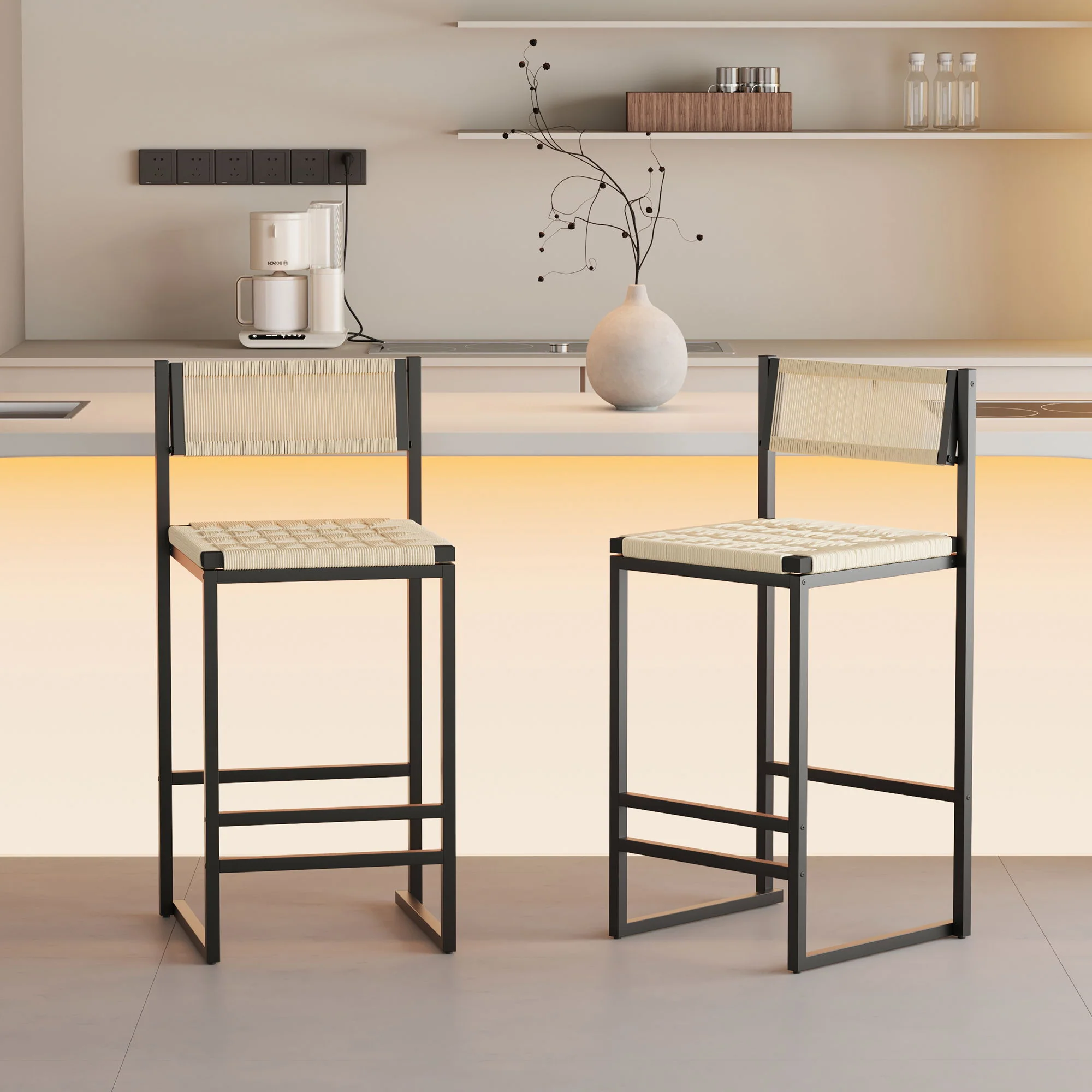Style B, Woven Bar Stools With Backrest, Paper Rope Weave Dining Chairs For Kitchen Island - Creamy White - Image 2