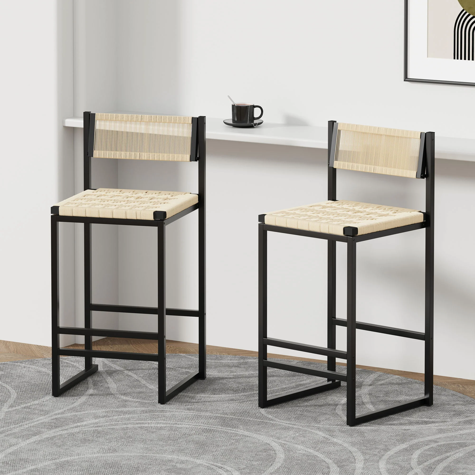 Style B, Woven Bar Stools With Backrest, Paper Rope Weave Dining Chairs For Kitchen Island - Creamy White - Image 3