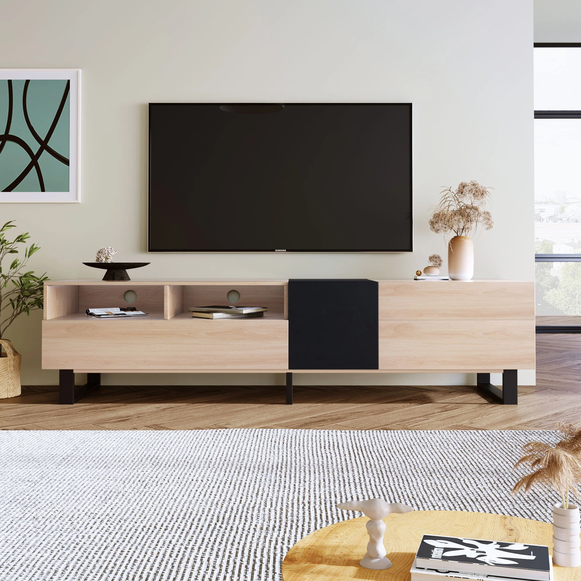 TV Stand For 80'' TV With Double Storage Space, Media Console Table With Drop Down Door - Image 10