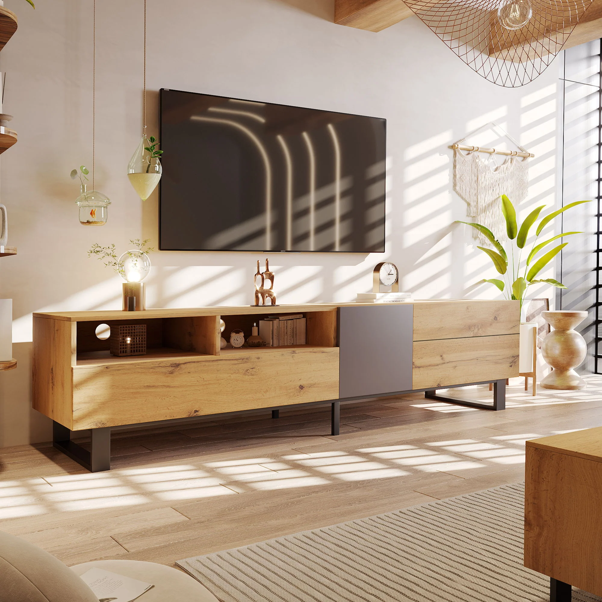 TV Stand For 80'' TV With Double Storage Space, Media Console Table With Drop Down Door - Image 12
