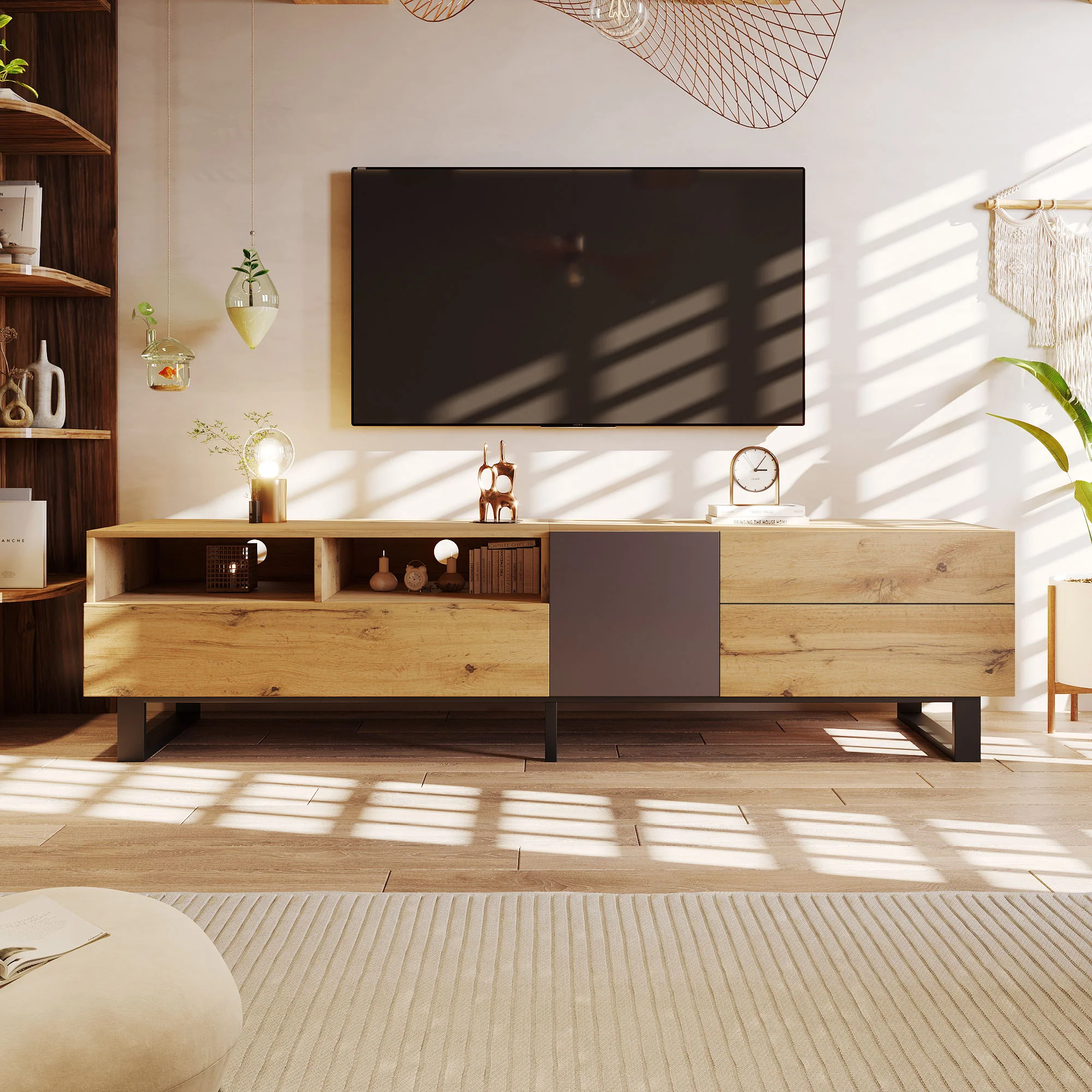 TV Stand For 80'' TV With Double Storage Space, Media Console Table With Drop Down Door - Image 9