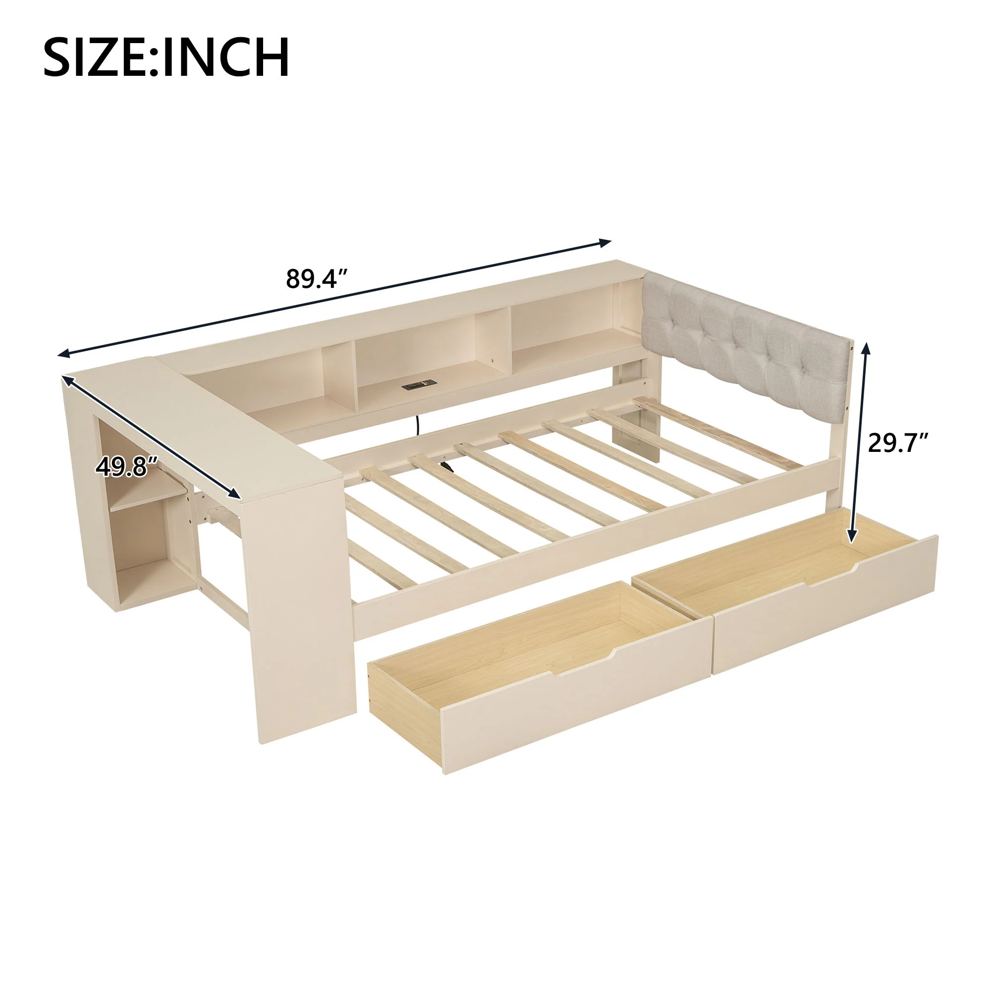 Upholstered Headboard Platform Bed With Storage Shelves, Drawers, Charging Station - Image 15