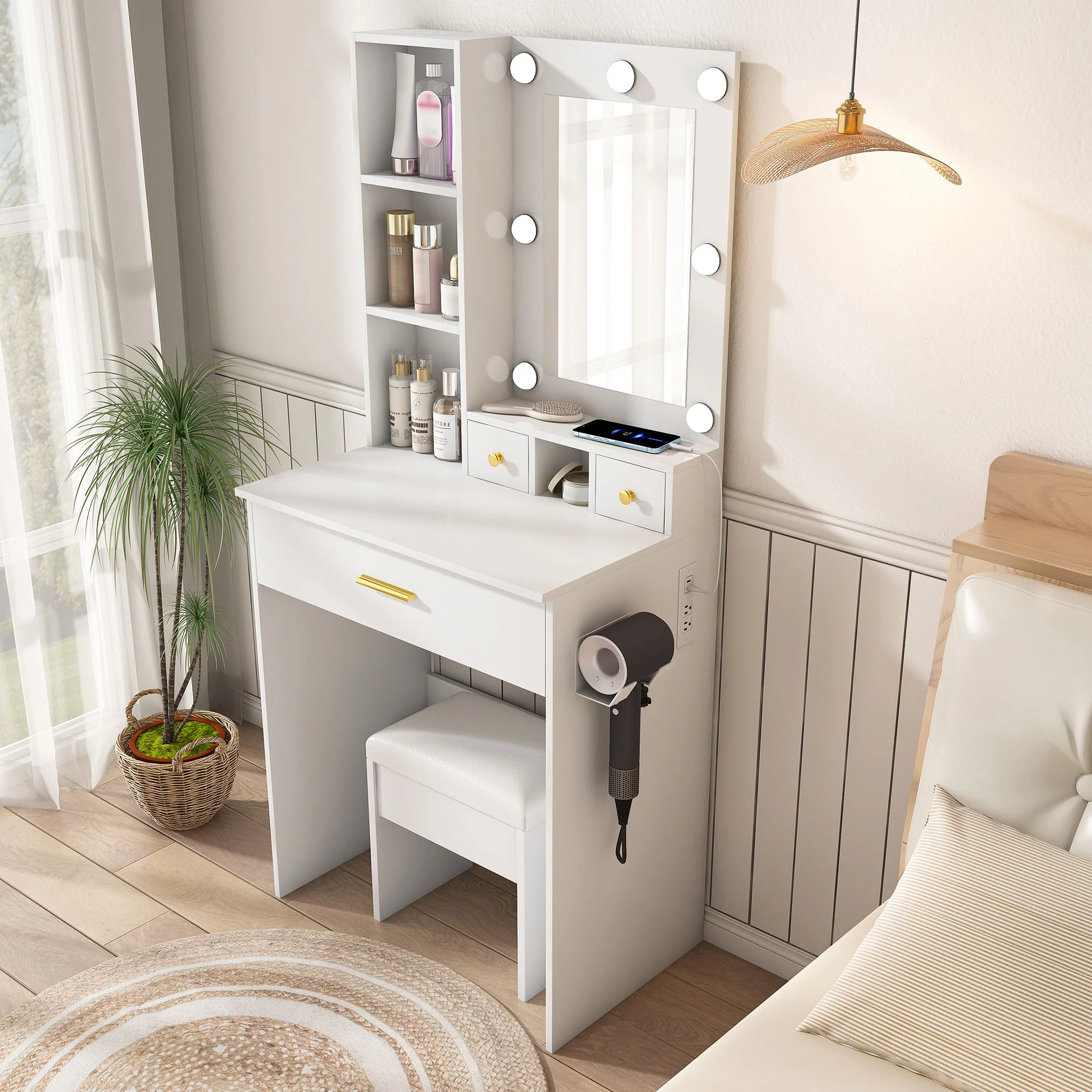 Vanity Table With Mirror, Adjustable LED Lights, Power Outlet, Hairdryer Holder & Stool - Image 6