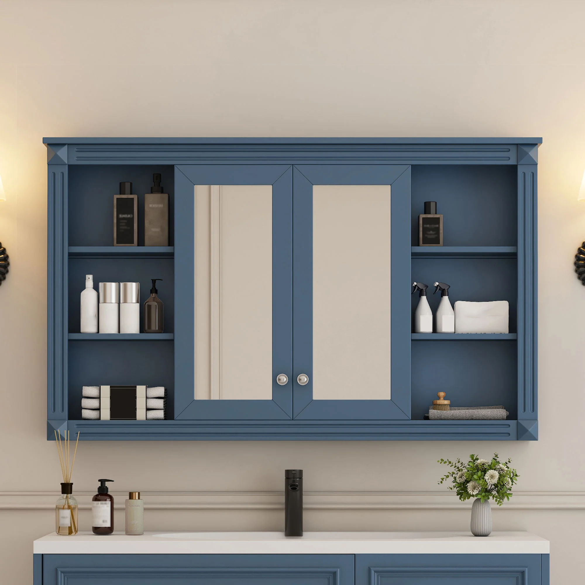 Wall-Mounted Mirror Cabinet With Adjustable Shelf And Open Shelves - Image 7