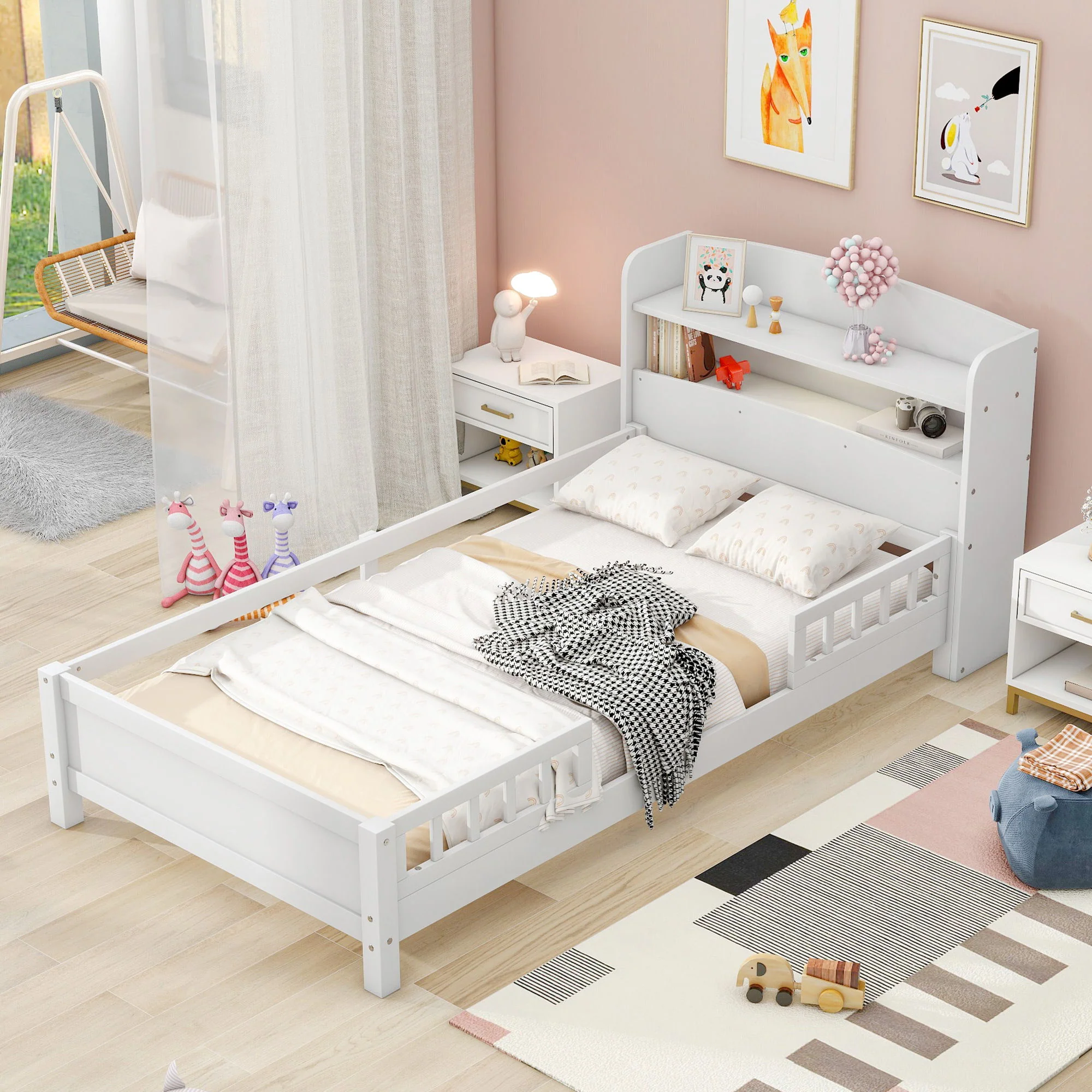 Wood Platform Bed With Built In LED Light, Storage Headboard And Guardrail - Image 9